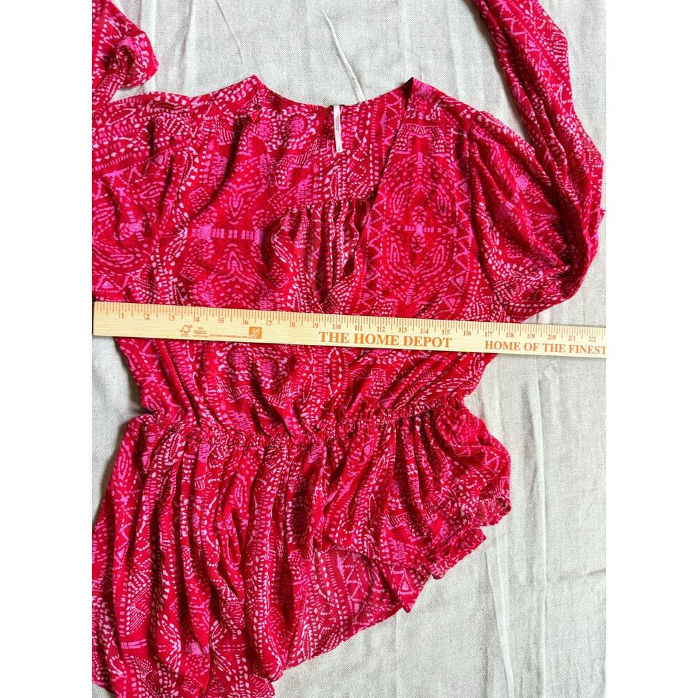 Free People Red White Faux Wrap Deep V Long Sleeve Asymmetrical Hem Tunic Size S - Picture 4 of 7